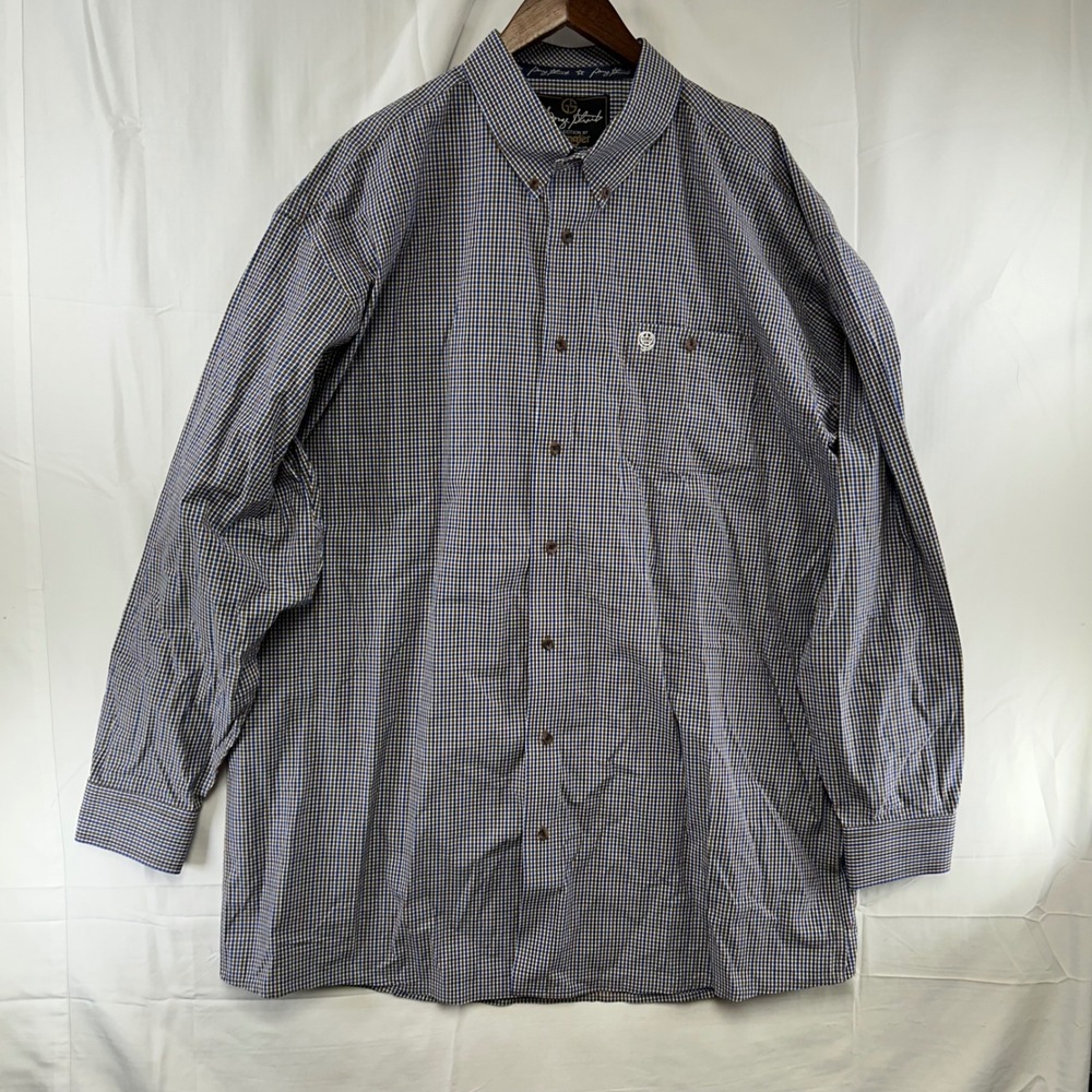 Wrangler George Strait Shirt Mens 3XLT Blue Brown Micro Check Button Down Shirt